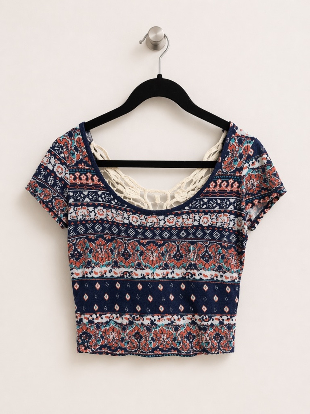 Y2K Wet Seal Boho Crop Top Crochet Back Multicolor Tribal Print Size S